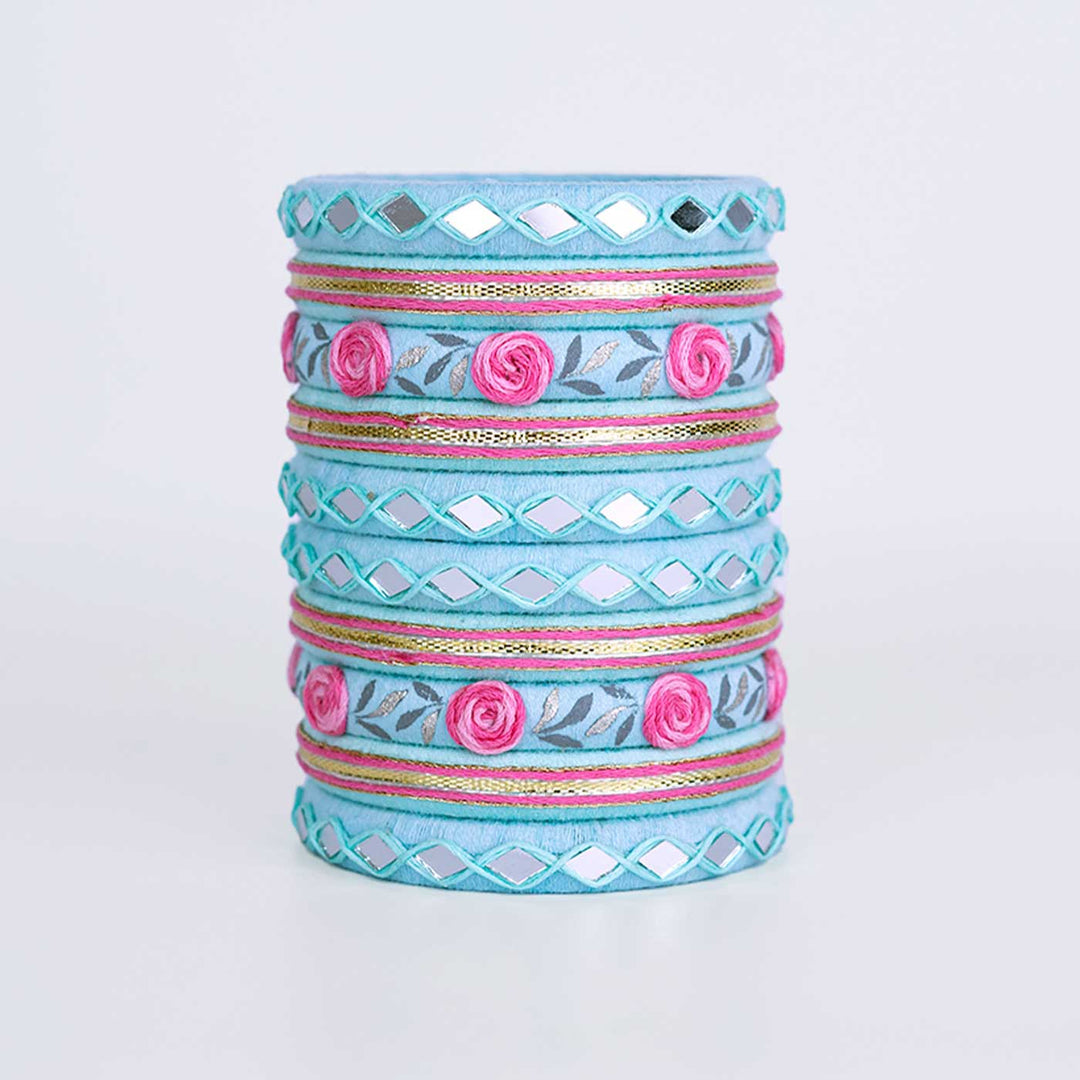 Pastel Blue And Pink Handcrafted Myra Embroidered Mirror Work Bangles | Set of 10