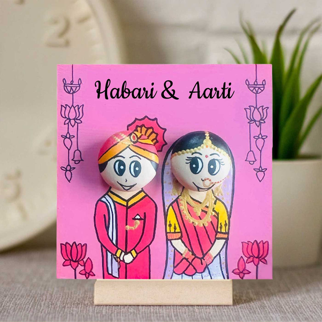 Personalised Hand-Painted Pebble Art North Indian Wedding Couple Wooden Decorative Plaque