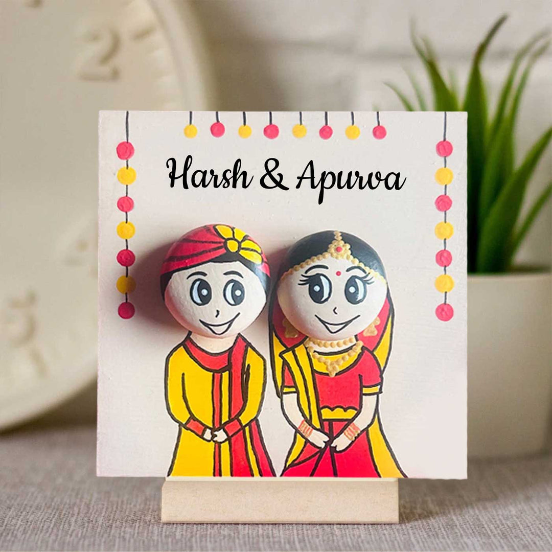 Personalised Hand-Painted Pebble Art Rajasthani Wedding Couple Wooden Decorative Plaque