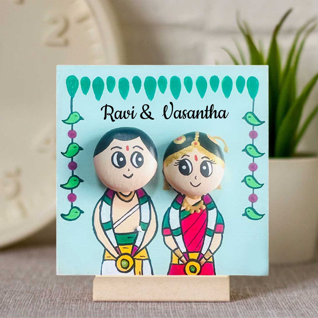 Hand-Painted Pebble Art South Indian Wedding Couple Wooden Decorative Plaque