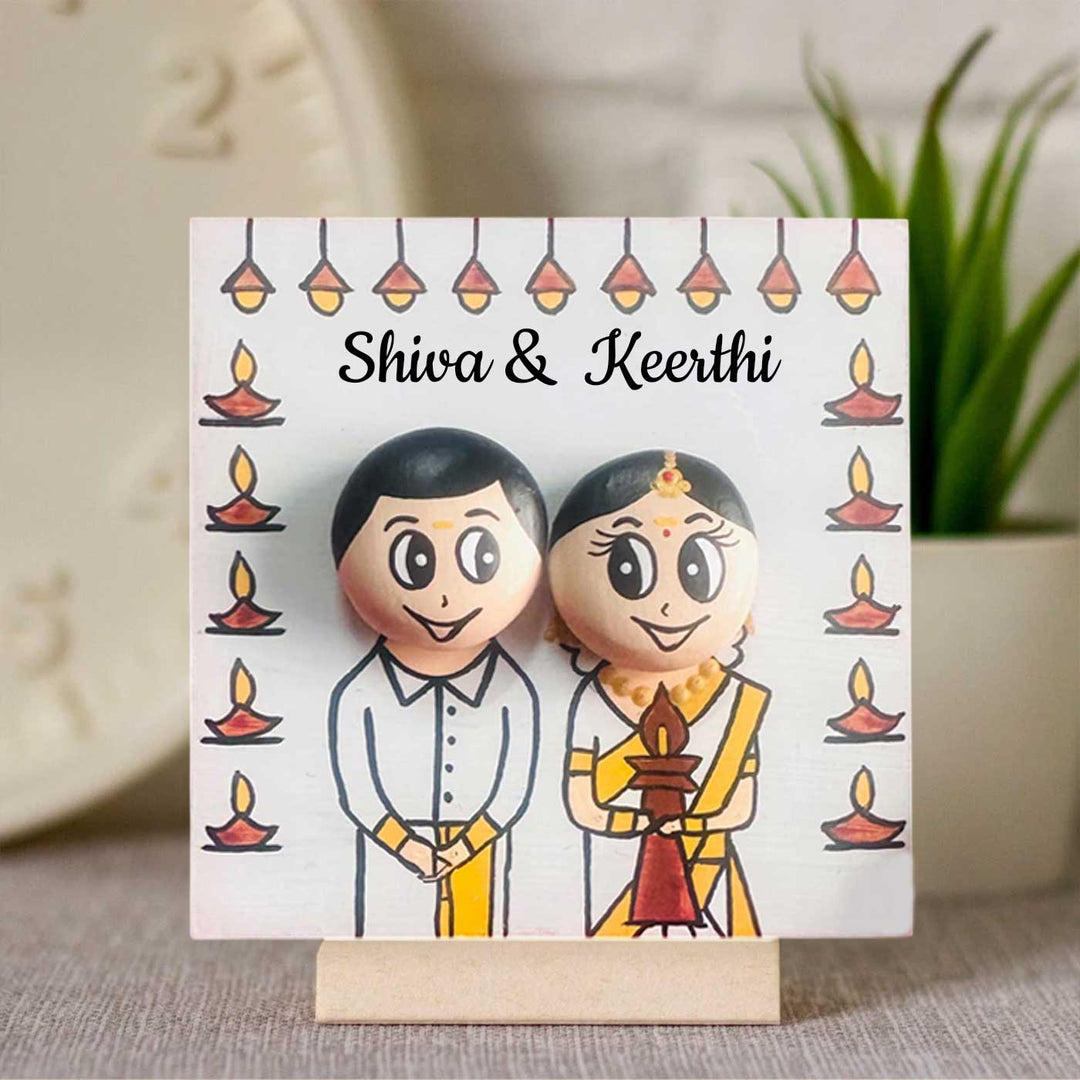 Personalised Hand-Painted Pebble Art Kerala Wedding Couple Wooden Decorative Plaque