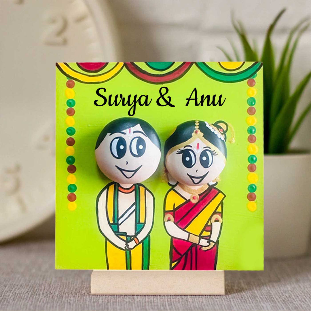 Personlaised Hand-Painted Pebble Art South Indian Wedding Couple Wooden Decorative Plaque