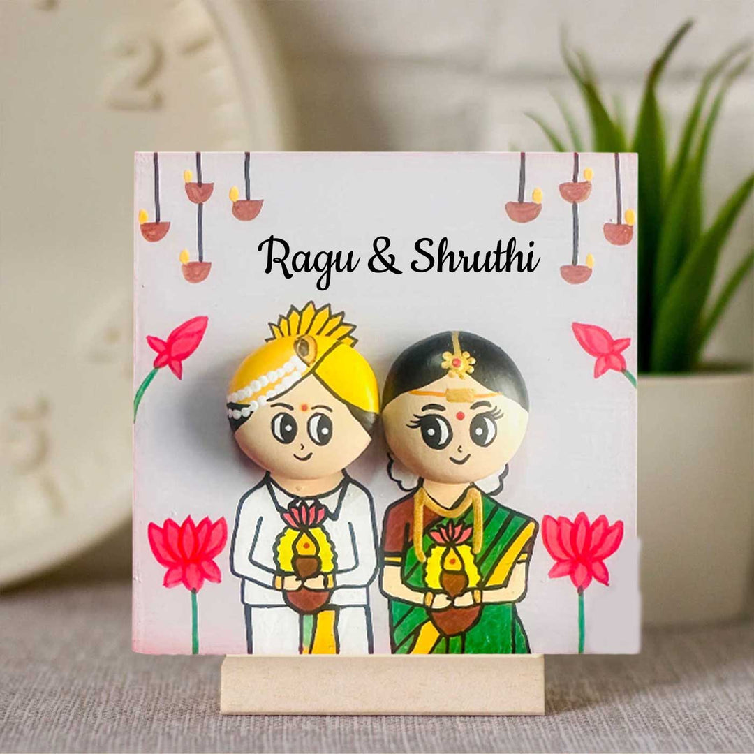 Personalised Hand-Painted Pebble Art South Indian Wedding Couple Wooden Decorative Plaque