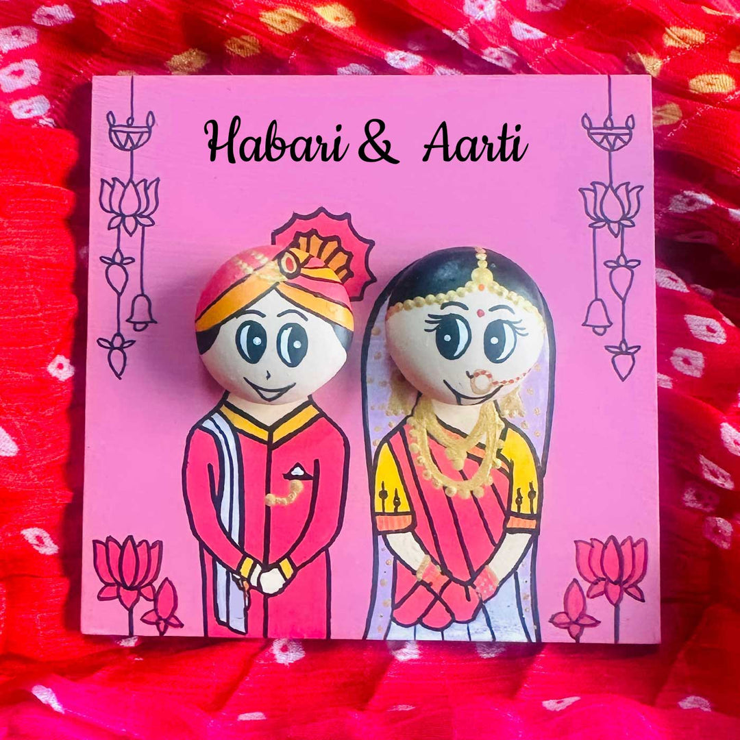 Personalised Hand-Painted Pebble Art North Indian Wedding Couple Wooden Decorative Plaque