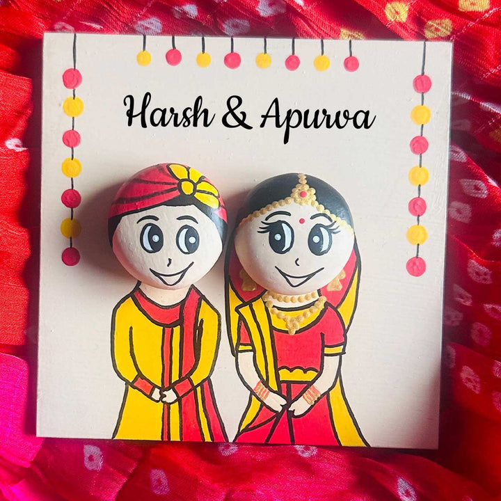 Personalised Hand-Painted Pebble Art Rajasthani Wedding Couple Wooden Decorative Plaque