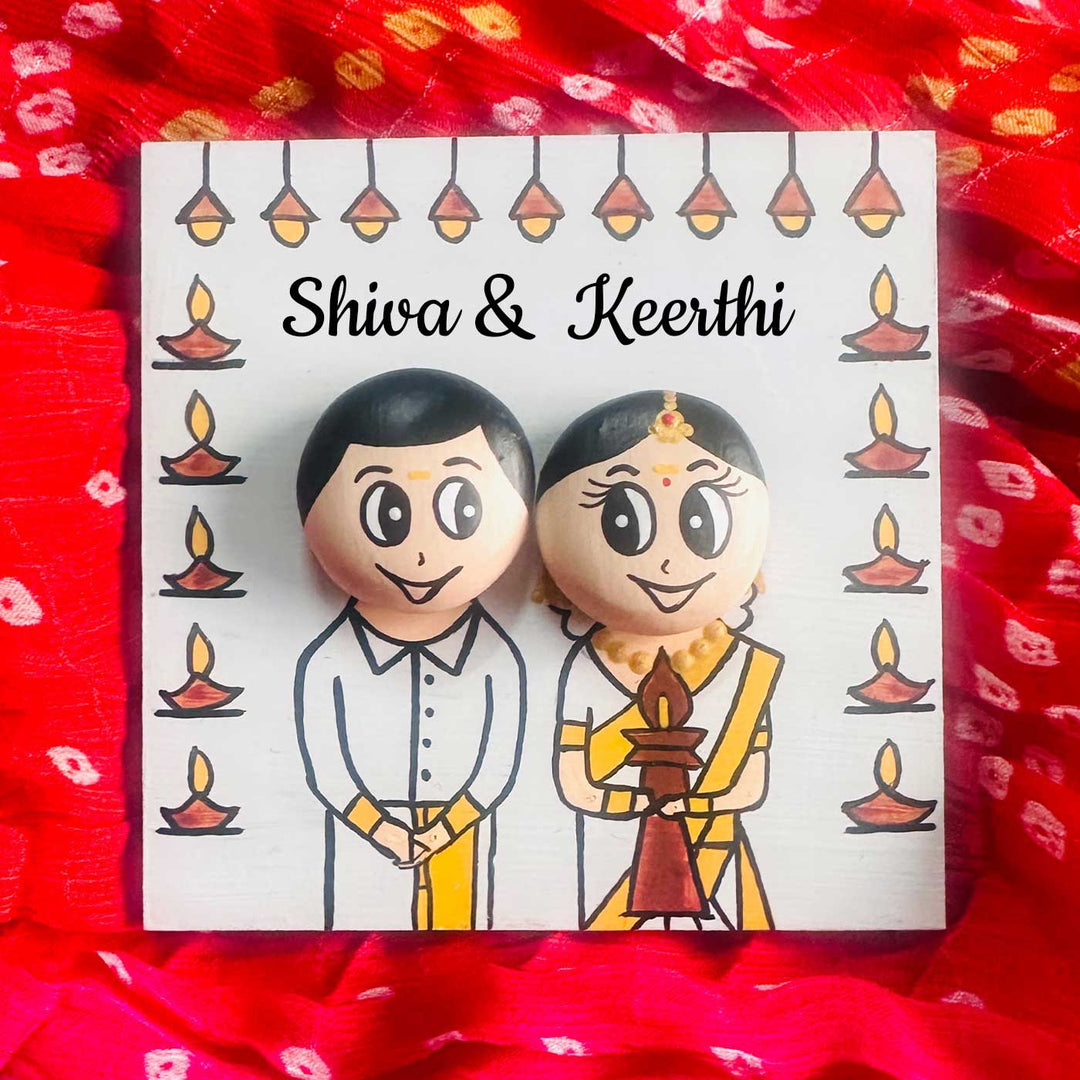 Personalised Hand-Painted Pebble Art Kerala Wedding Couple Wooden Decorative Plaque