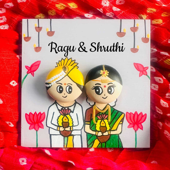 Personalised Hand-Painted Pebble Art South Indian Wedding Couple Wooden Decorative Plaque