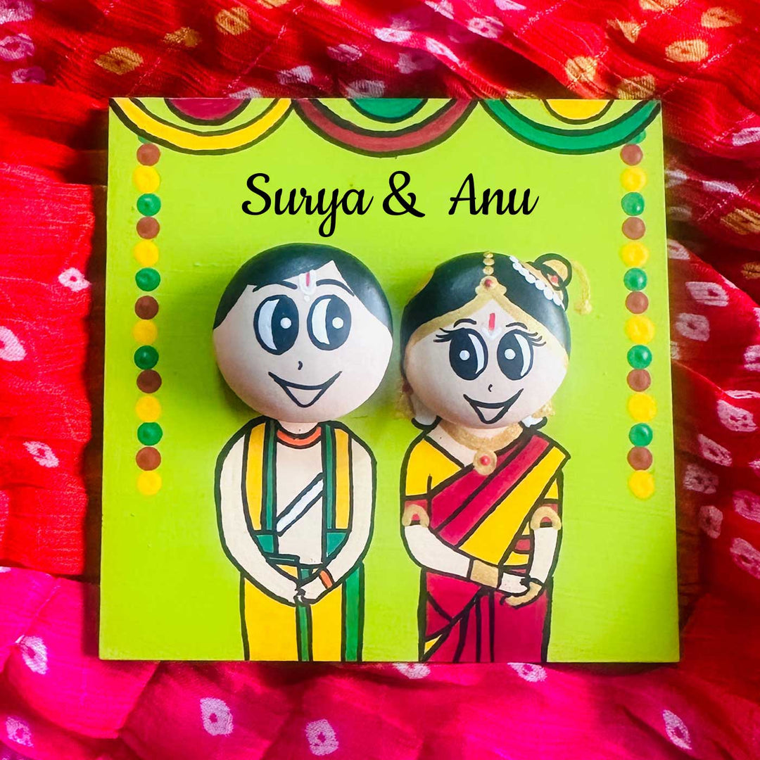 Personlaised Hand-Painted Pebble Art South Indian Wedding Couple Wooden Decorative Plaque