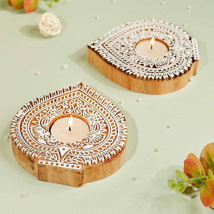 Handmade Carved Paan Wooden Block Tealight Holder | Set Of 2