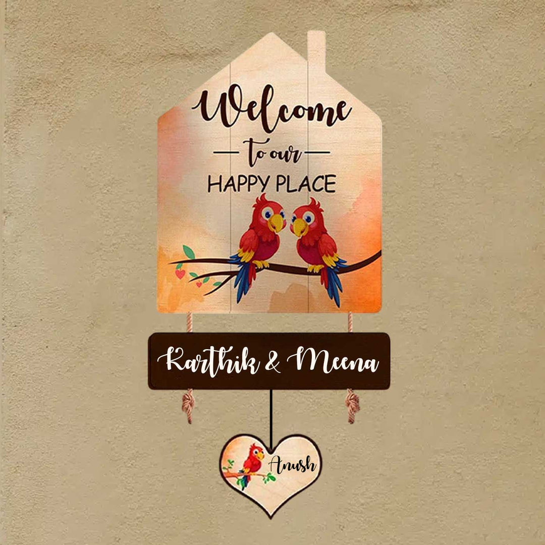 Printed Wooden House Shaped Parrot Nameplate For Couples