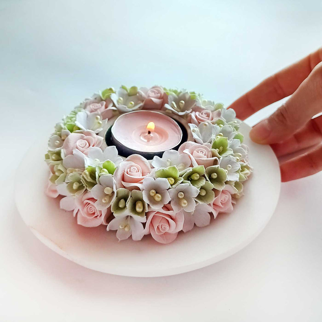 Handmade Floral Peach Deco Clay & Marble Tealight Holder