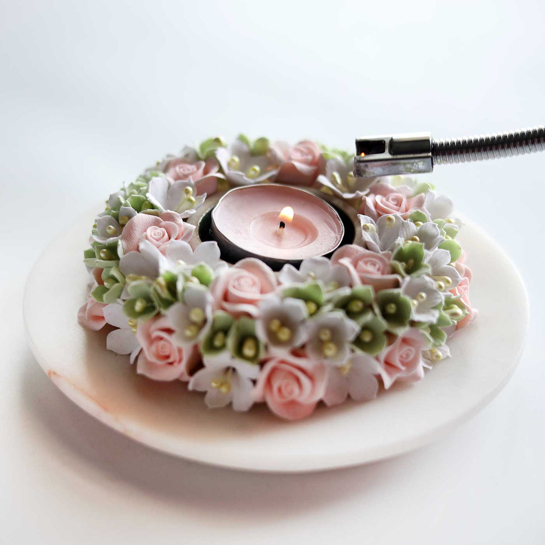 Handmade Floral Peach Deco Clay & Marble Tealight Holder