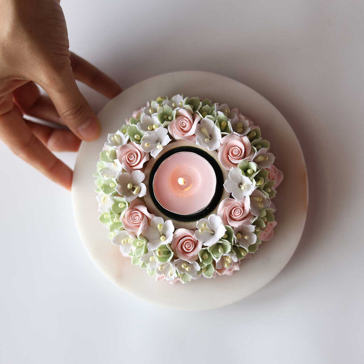 Handmade Floral Peach Deco Clay & Marble Tealight Holder