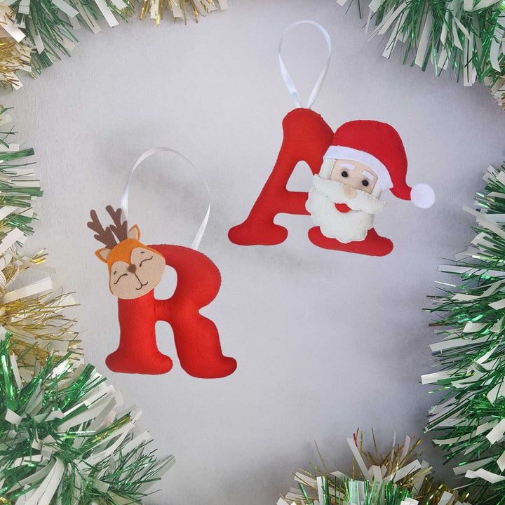 Personalized Santa & Reindeer Initial Felt Ornaments For Christmas Tree Decoration | Set Of 2