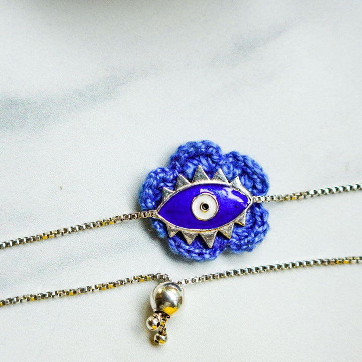 Handcrafted Evil Eye Silver Strap Rakhi For Kids With Rice & Roli