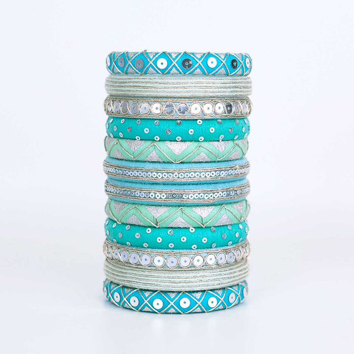 Turquoise Handcrafted Reva Sequined Bangles | Set of 12