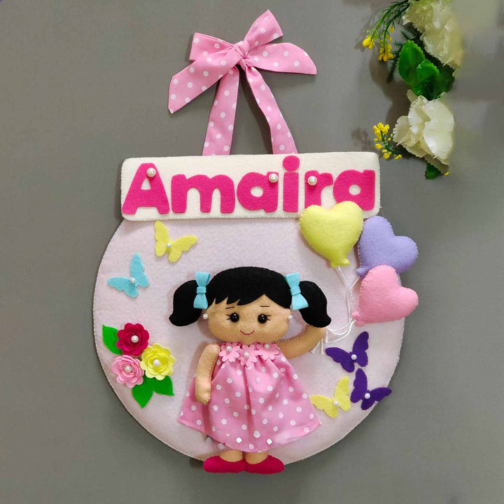 Hand-stitched Butterfly & Balloon Themed Round Felt Kids Name Plate for Girls