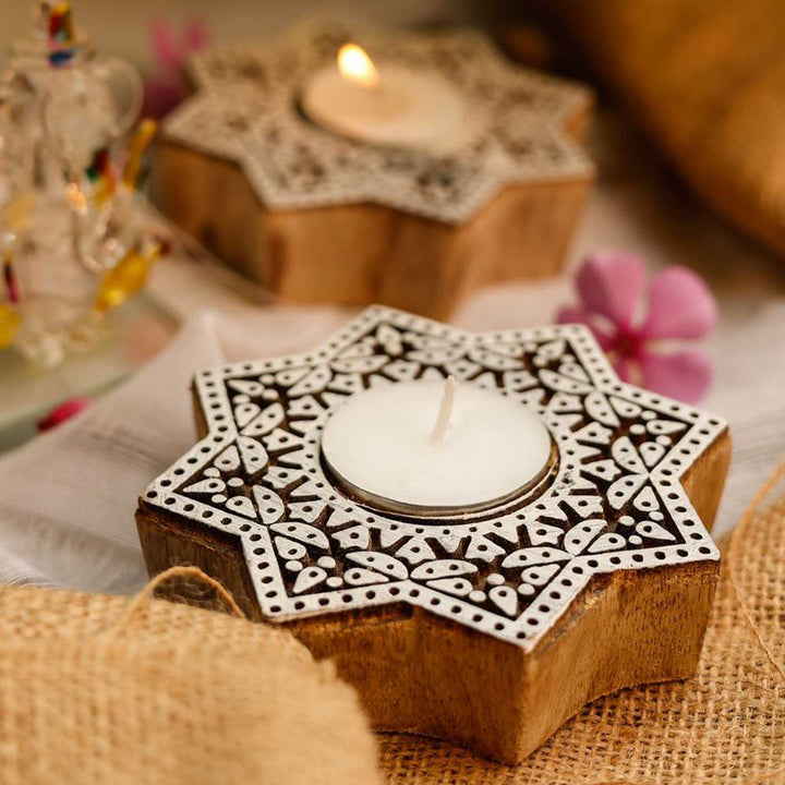 Handmade Carved Star Wooden Block Tealight Holder | Set Of 2