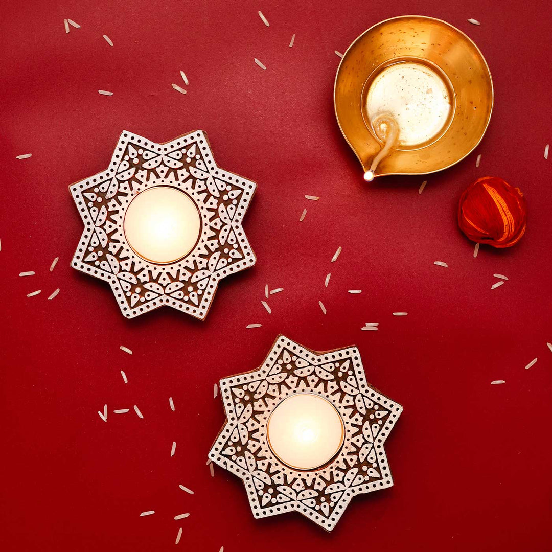 Handmade Carved Star Wooden Block Tealight Holder | Set Of 2