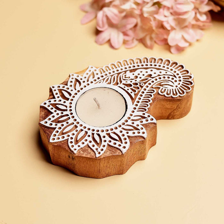 Handmade Carved Star & Paisley Wooden Block Tealight Holder | Set Of 2