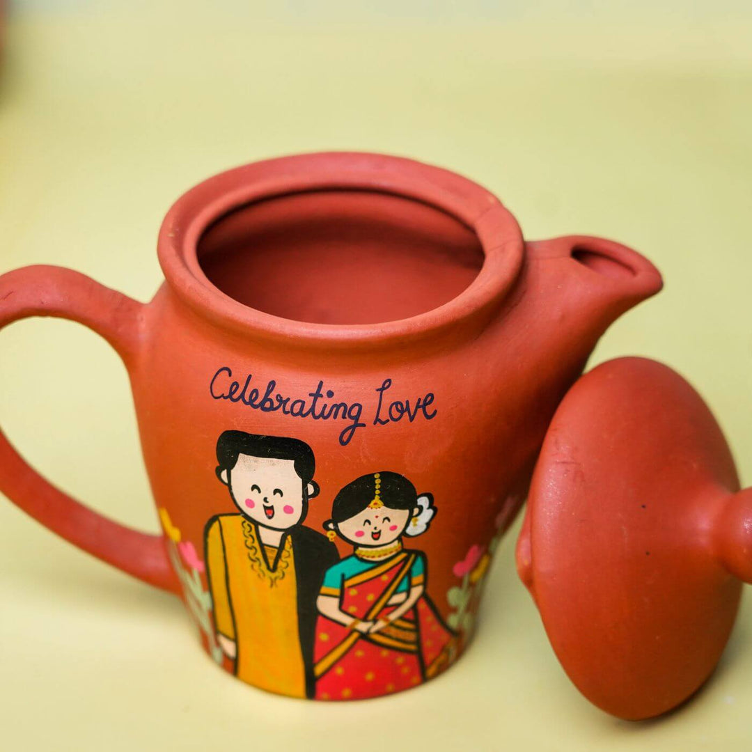 Photo Personalized Terracotta Caricature Teaset for Bhaiya & Bhabhi with Rakhi