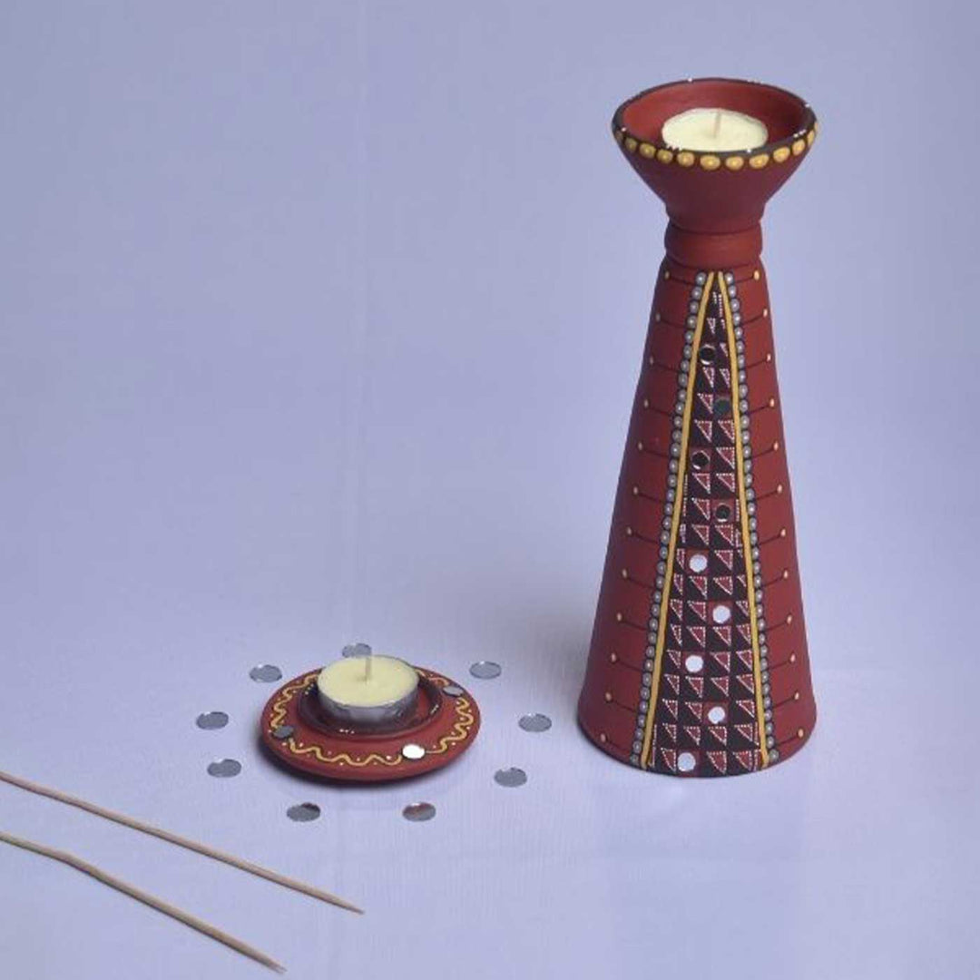 Handmade Brown Tall Terracotta Oil Lamp / Diya