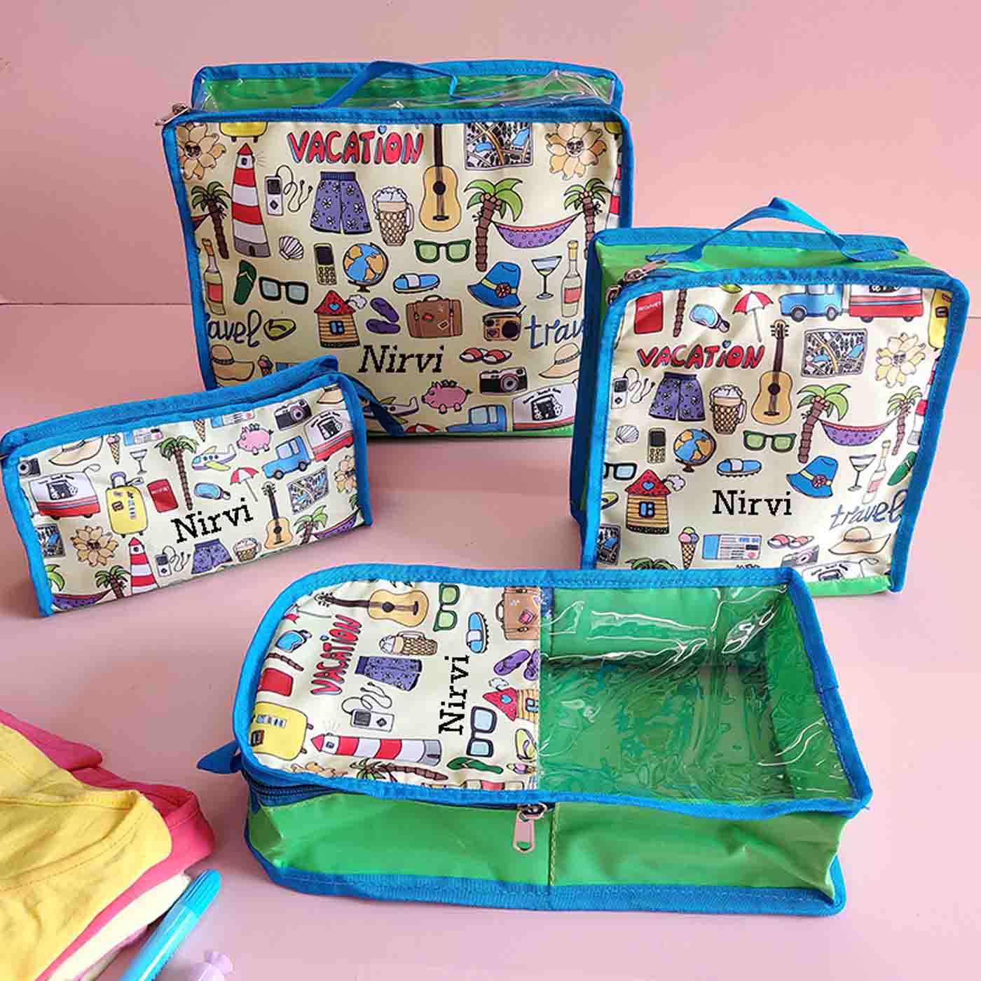 Buy Personalised Printed Packing Cubes Organisers for Kids Set of 4 Online On Zwende