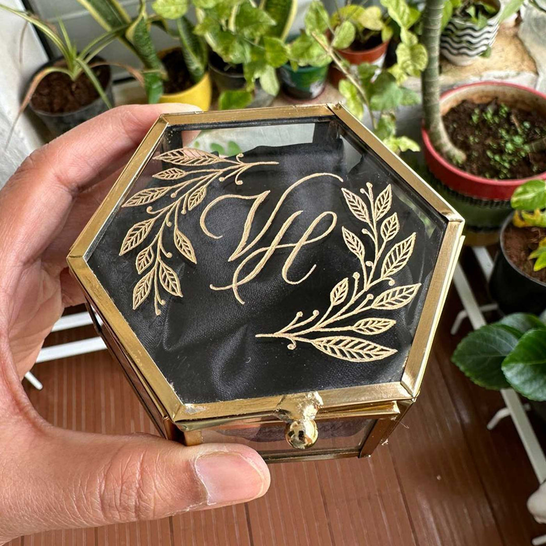 Personalized Mini Hexagon Ring Box with Engraved Lettering