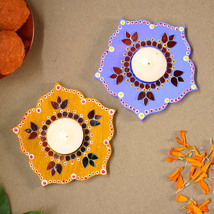 Handmade Elegant Flower Shape MDF Tealight Holder | Set Of 2