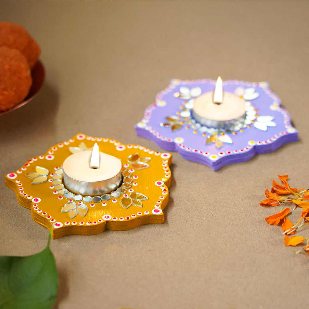 Handmade Elegant Flower Shape MDF Tealight Holder | Set Of 2