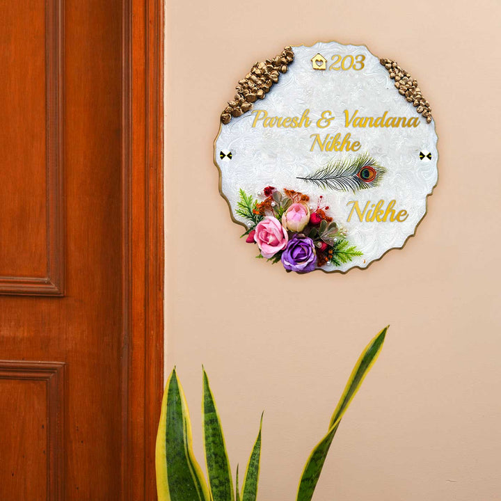 Personalized White Floral Theme Round Resin & Acrylic Waterproof Name Plate