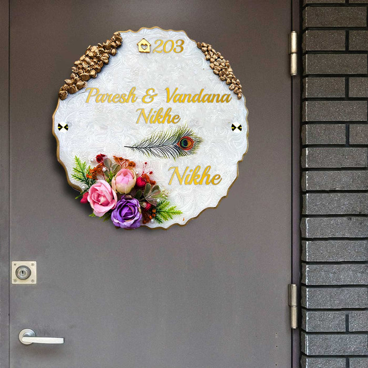 Personalized White Floral Theme Round Resin & Acrylic Waterproof Name Plate