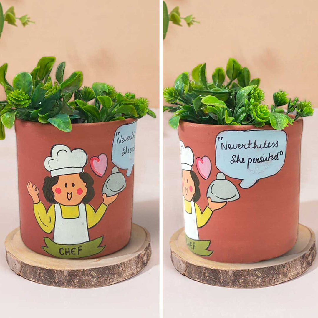 Handpainted Personalized Clay Planter With Chef Avatar Illustrations And Quote