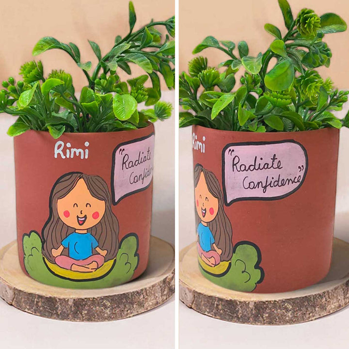 Handpainted Personalized Clay Planter With Meditation Avatar Illustrations And Quote