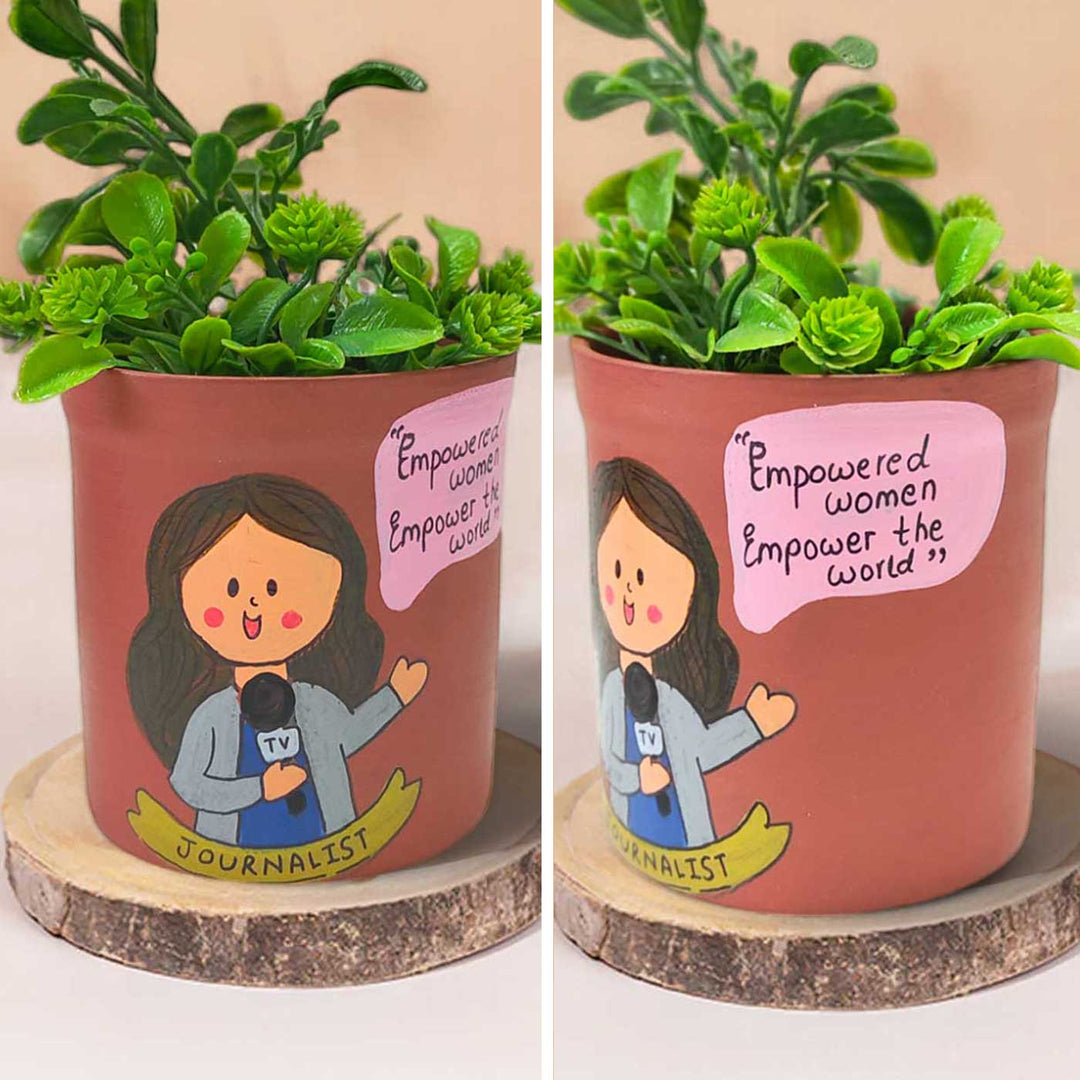 Handpainted Personalized Clay Planter With Journalist Avatar Illustrations And Quote