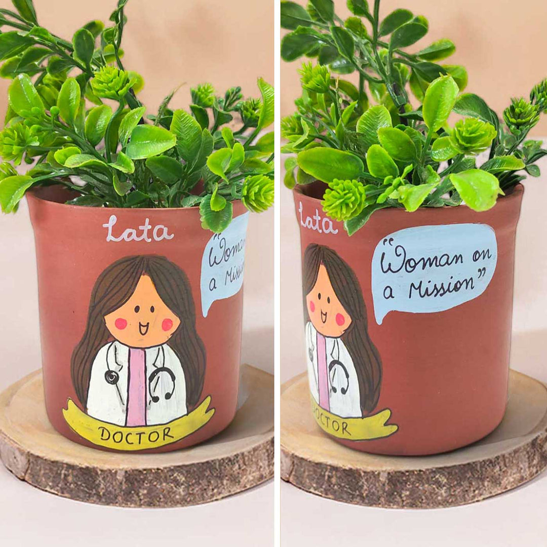 Handpainted Personalized Clay Planter With Doctor Avatar Illustrations And Quote