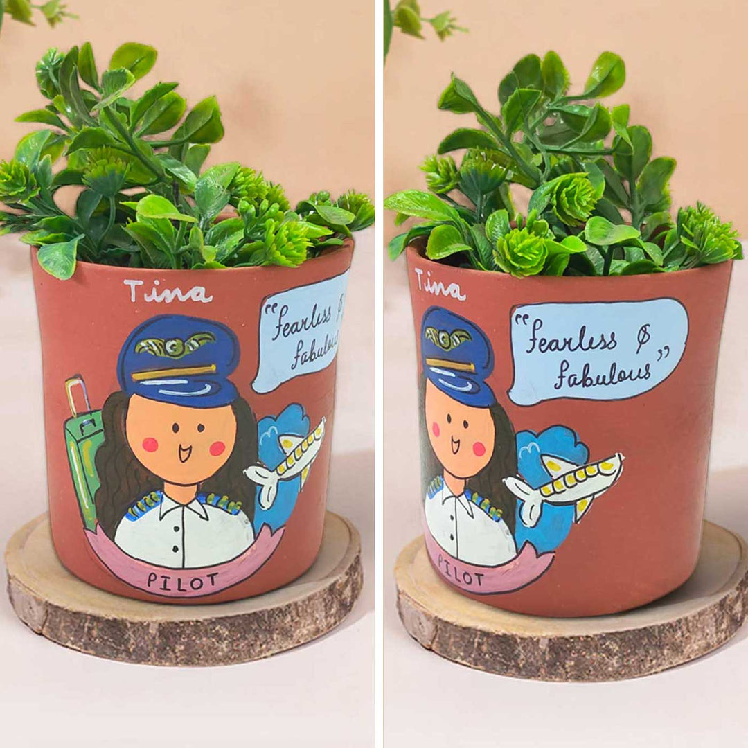 Handpainted Personalized Clay Planter With Pilot Avatar Illustrations And Quote