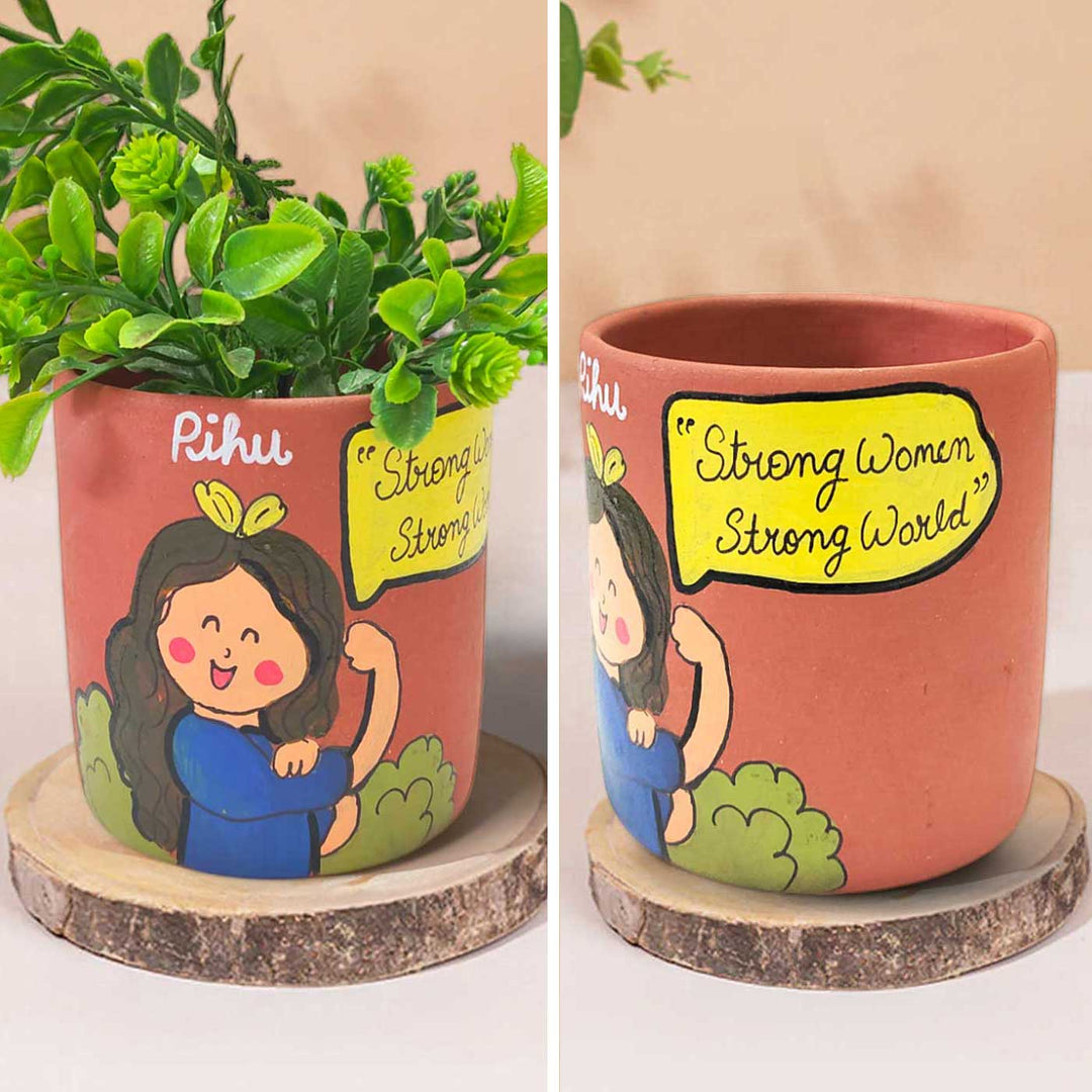 Handpainted Personalized Clay Planter With Strong Woman Avatar Illustrations And Quote