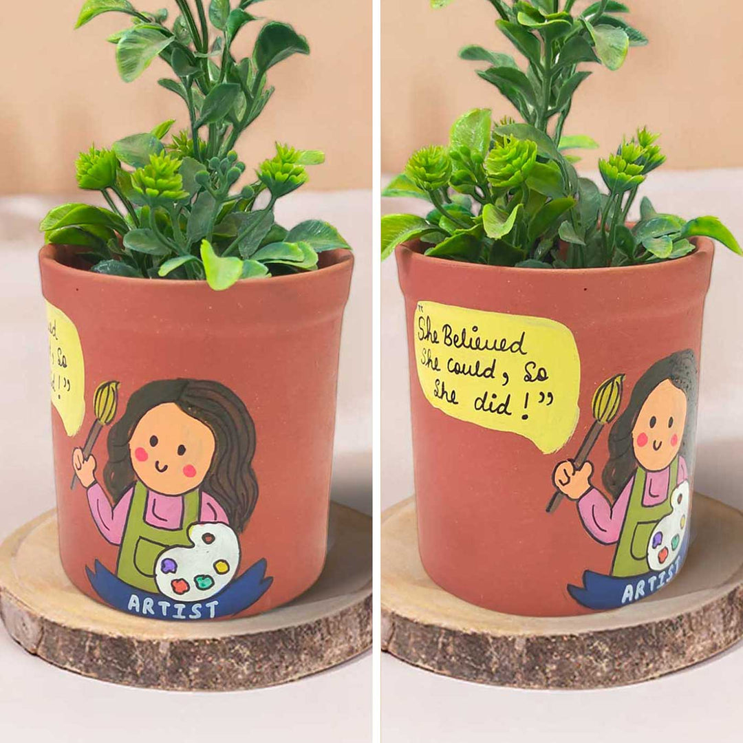 Handpainted Personalized Clay Planter With Artist Avatar Illustrations And Quote