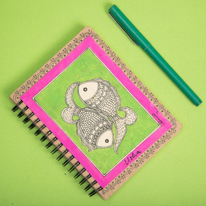 Madhubani Fish Motif Spiral Jotbook with Name - A6