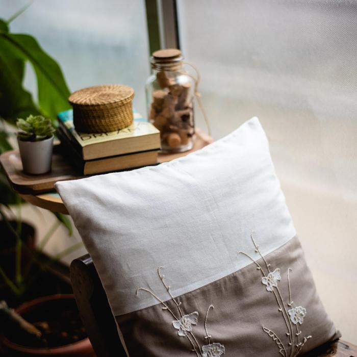 Grey and White Hand-embroidered Dual Colour Cushion Cover - 40 x 40 cm