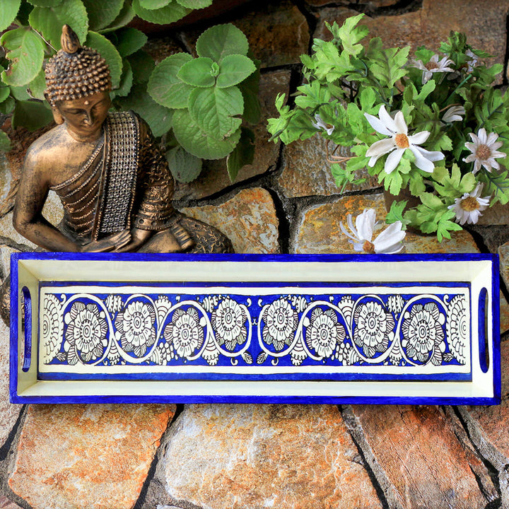 Ethnic Decoupage Tholu Blue Flowers MDF Tray - Narrow