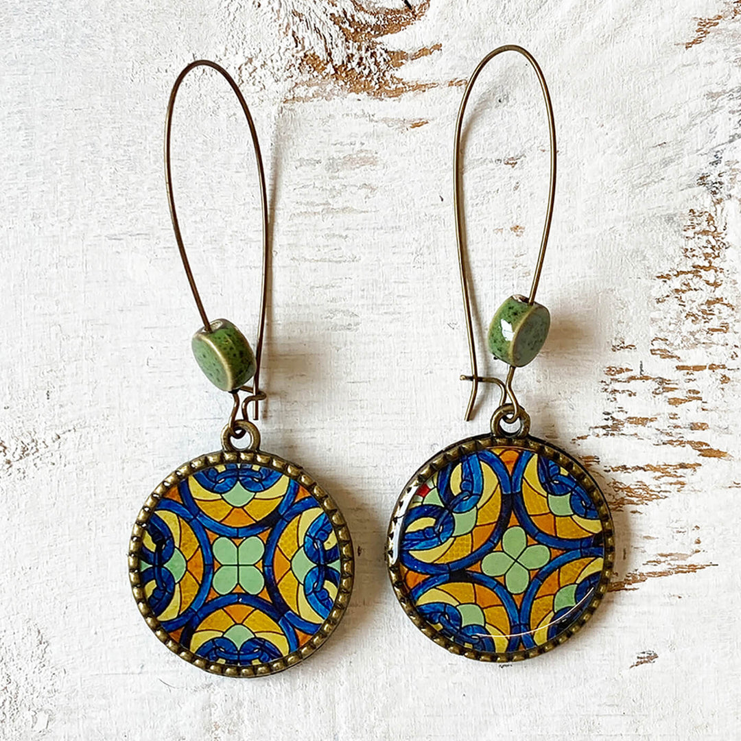 Hoop Earrings with Ceramic Bead - Stained Glass Print