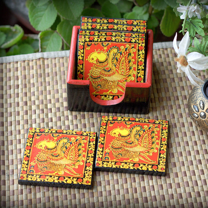 Decoupage Pine Wood Madhubani Peacock Coasters | Set of 6