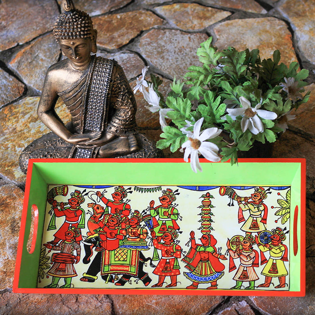 Ethnic Decoupage Green Phad MDF Tray - Broad