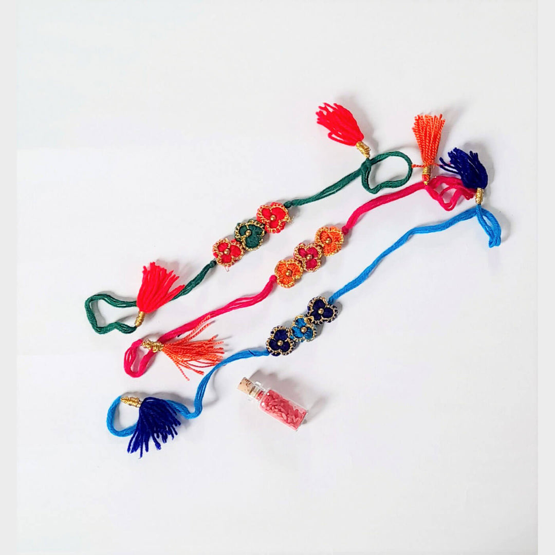 Multicolor Thread and Zari Crochet Rakhi- Set Of 3