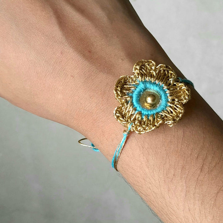 Turquoise & Pink Gold Sequin Zari Rakhi Set