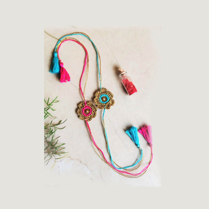 Turquoise & Pink Gold Sequin Zari Rakhi Set