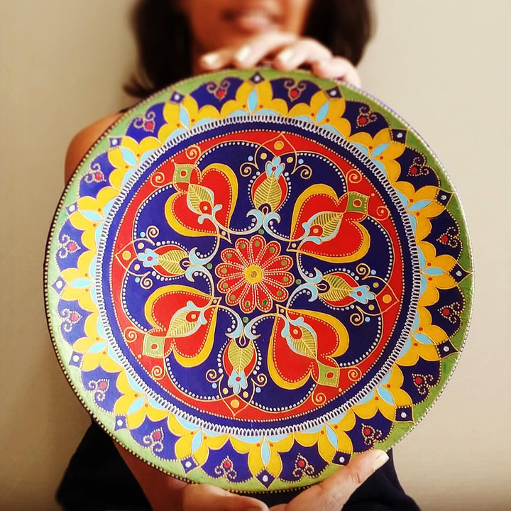 Handpainted Terracotta Mandala Wall Plate - Red, Blue & Yellow