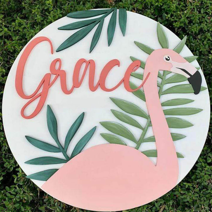 Painted Nameboard for Kids - Flamingo & Leaves